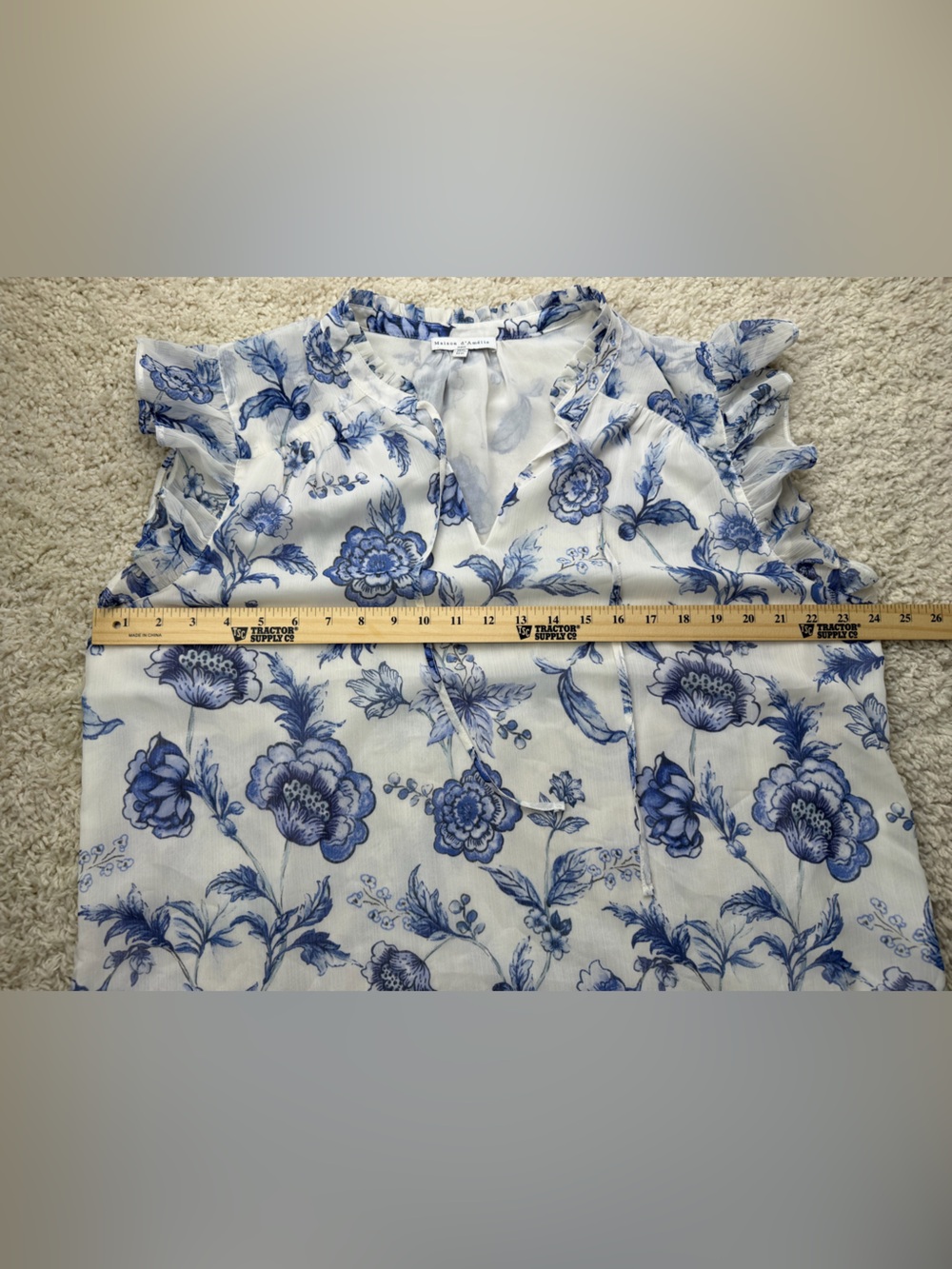 Blue Floral Ruffle Sleeve Womens Top - White & Blue XL - Picture 5 of 6